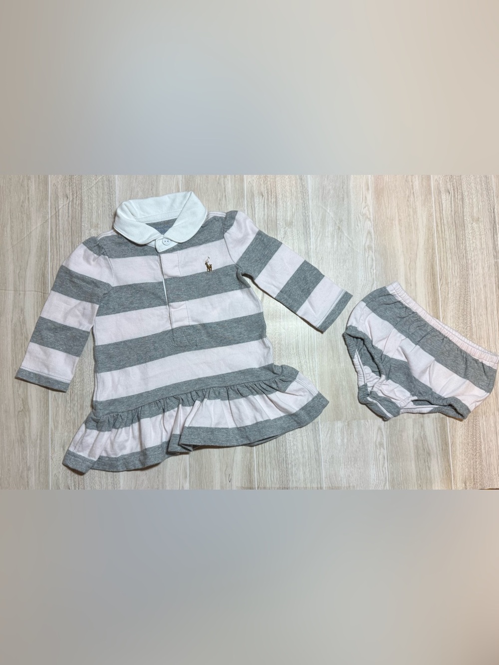 Ralph Lauren Girls Gray & Pink Striped Polo Ruffle Dress & Bloomer 3M